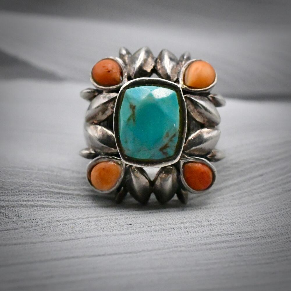Vintage Studio Barse 925 Sterling Silver Turquoise Coral Statement Ring 18.85g - Picture 4 of 11